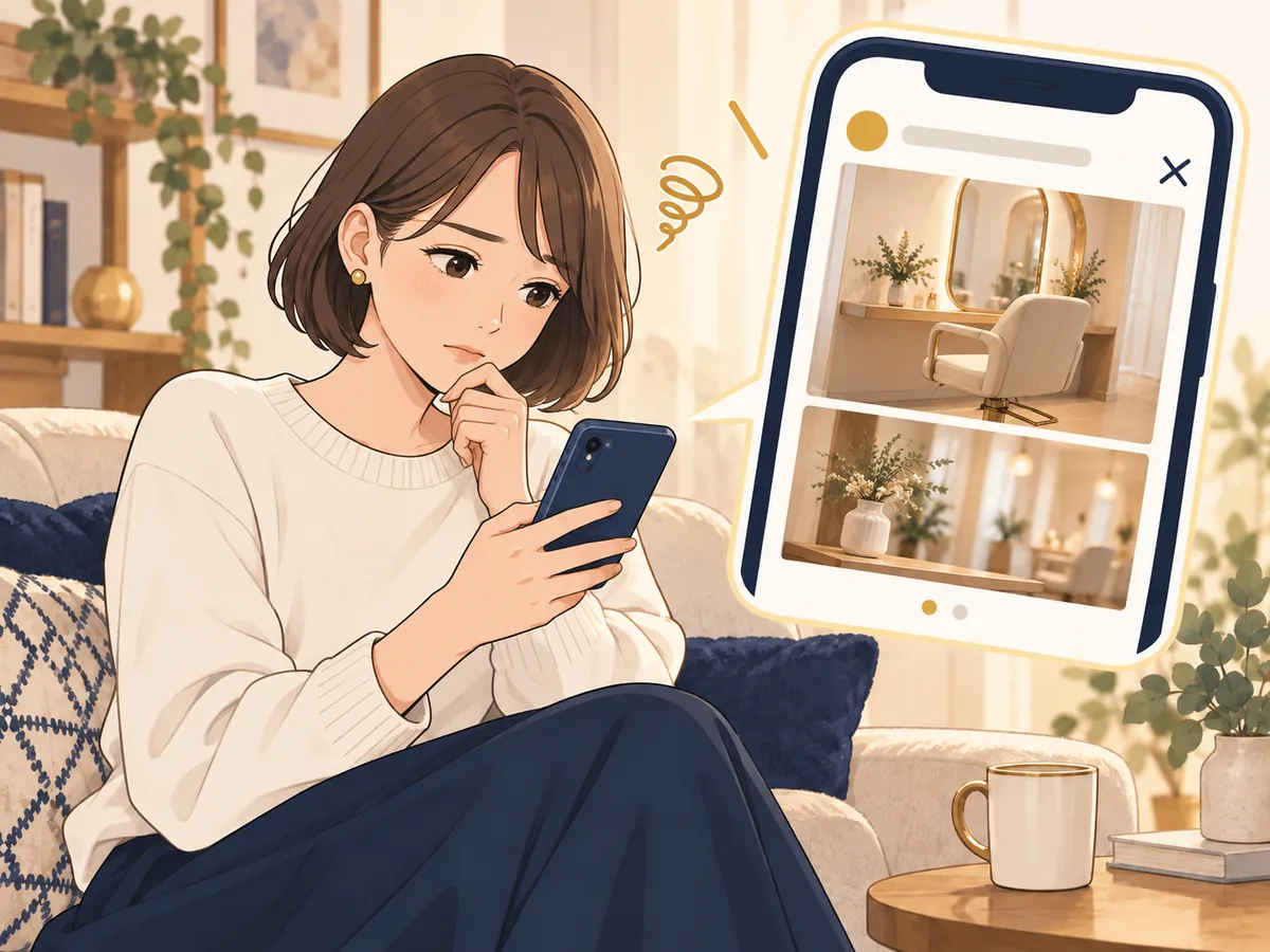 写真だけのホームページを見て首をかしげる女性