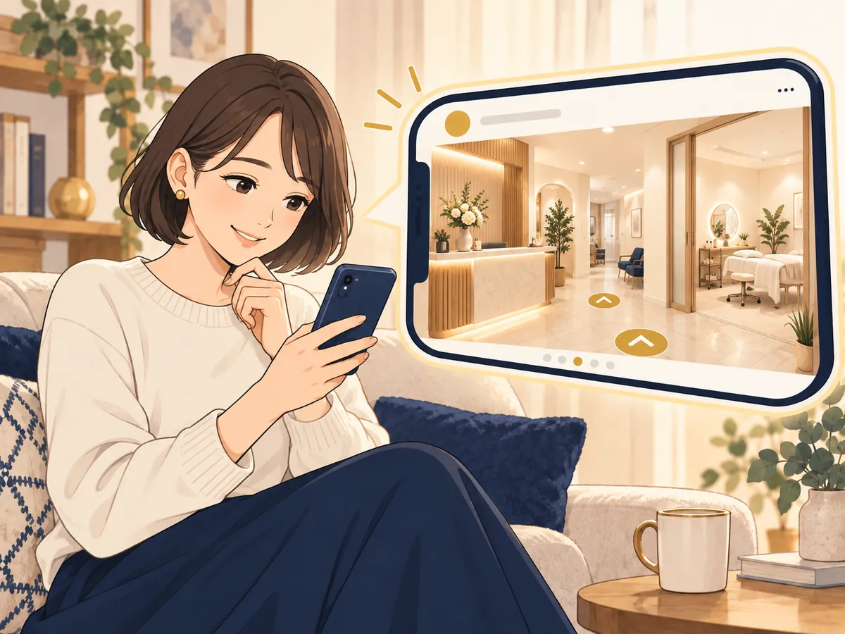 スマホの店内ビューで受付と明るい施術室を見る女性
