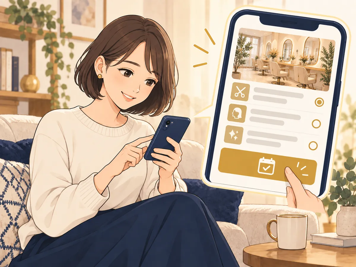 料金を確認し安心した表情で予約ボタンを押す女性